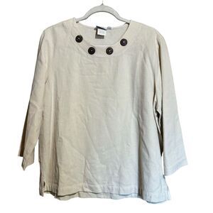 Hot Cotton Top Womens Large Petite Beige Button Detail Lagenlook Cotton Blouse